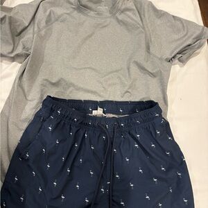 Goodfellow Men's Navy Flamingo Print Swim Shorts M & Heathered Gray Rashguard XL